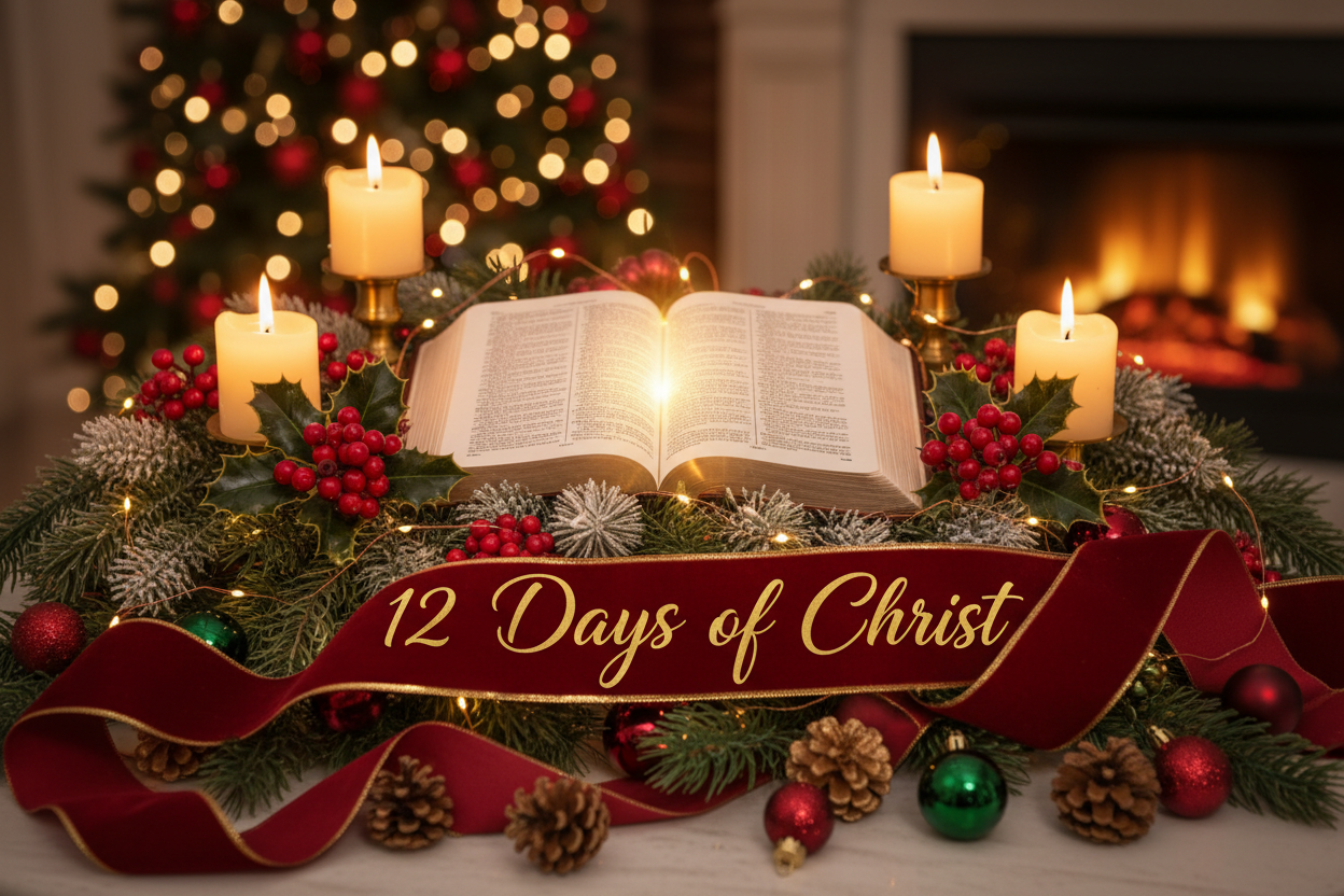 Digital download for Christmas scene with bible. Ribbon with "12 Days of Christ"